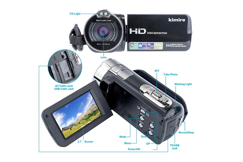 Digital Camera Camcorders Kimire HD Recorder 1080P 24 MP 16X Powerful Digital Zoom Video Camcorder 2.7 Inch LCD Stabilization With 270 Degree Rotation Screen Camera Bag Lithium Battery(312P-Black)