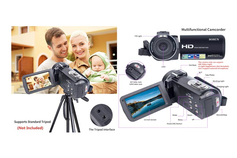  Video Camera Camcorder SOSUN HD 1080P 24.0MP 3.0 inch LCD 270 Degrees Rotatable Screen 16X Digital Zoom Camera Recorder 2 Batteries(301S-Plus)