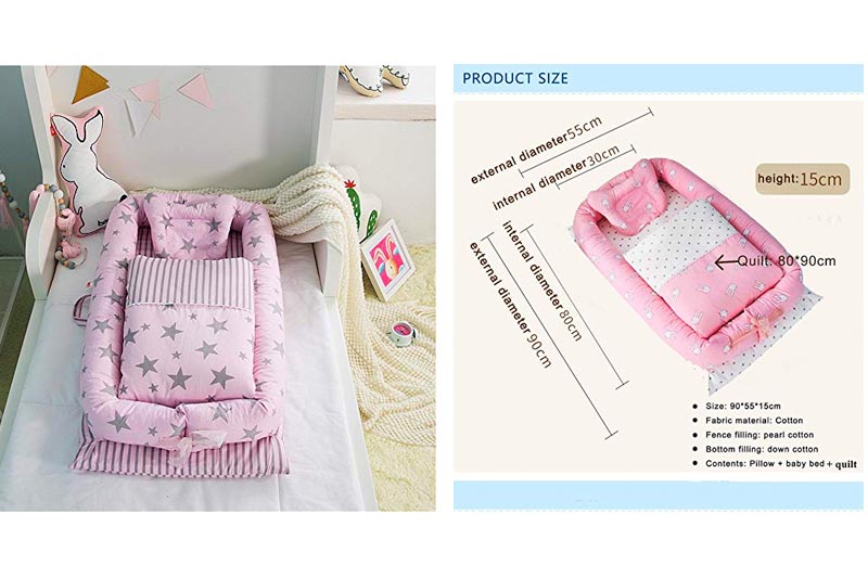 Baby Bassinet for Bed - Star Printed Baby Lounger Quilt Pillow - 100% Cotton Portable Crib for Bedroom/Travel - Breathable & Hypoallergenic Co-Sleeping Pink Baby Bed for Girls