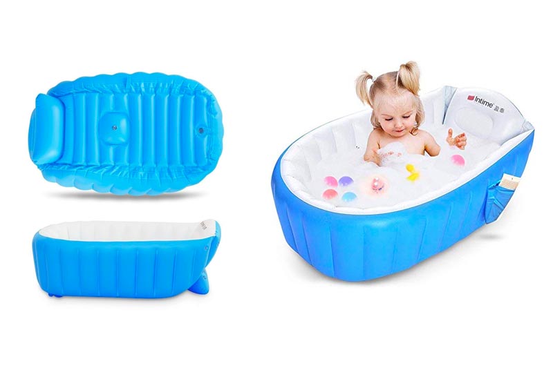 mixigoo Inflatable Baby Bathtub, Infant Mini Swimming Pool Foldable Non Slip Travel Air Bath Basin with Soft Cushion Central Seat for New Born Toddler Kids