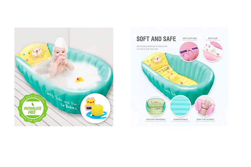 NAI-B Inflatable Baby Bath Tub. Portable and Foldable Bathtub for Infants and Toddlers. Safety Seat Mat Prevents Slipping [Mint]