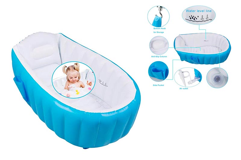 arejoy Inflatable Baby Bathtub, Portable Mini Air Swimming Pool Foldable Anti-slippery Shower Basin with Soft Cushion Central Seat for Kid/Infant/Toddler