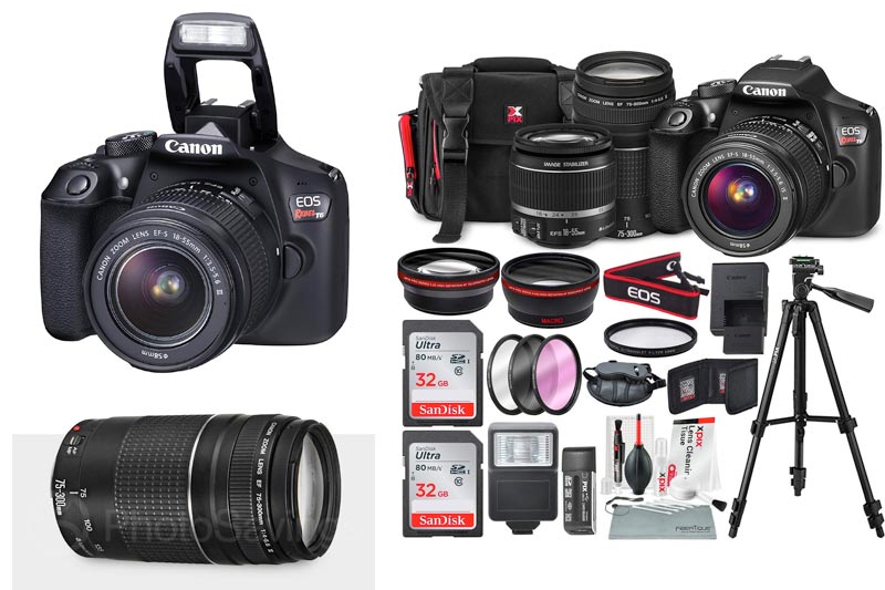 Canon EOS Rebel T6 DSLR Camera with EF-S 18-55mm f/3.5-5.6 IS II Lens, EF 75-300mm f/4-5.6 III Lens, 64GB, along with Fibertique Cleaning Cloth, and Xpix cleaning Kit and Deluxe Accessory Bundle