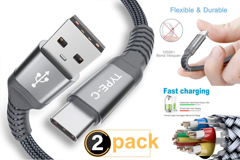  USB Type C Cable, AkoaDa (2 Pack 6.6ft) USB to USB C Cable Nylon Braided Fast Charger Cord for Samsung Galaxy S9 Note 9 8 S8 Plus,Google Pixel XL 2,LG G7 thinq V20 V30,Moto Z Z2 Z3 Force (Grey).