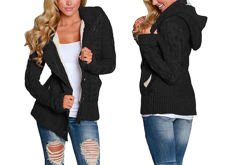 Women Hooded Knit Cardigans Button Cable Sweater Coat