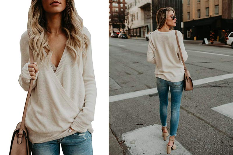 Women's Knitted Deep V-Neck Long Sleeve Wrap Front Loose Sweater Pullover Jumper