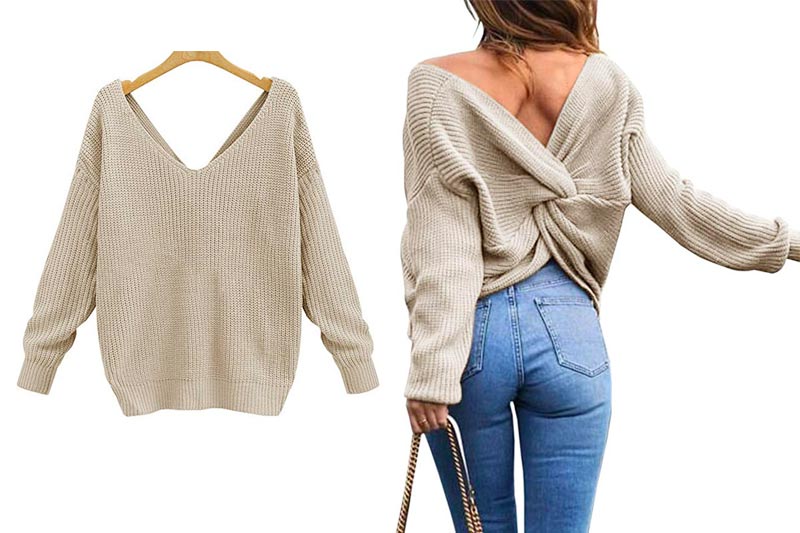 Women's Casual V Neck Criss Cross Backless Long Batwing Sleeve Loose Knitted Sweater Pullovers