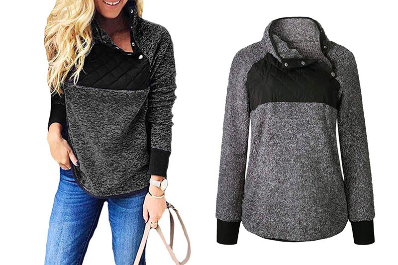 Women's Long Sleeve Asymmetrical Snap Neck Fleece Pullover Tops Sweater