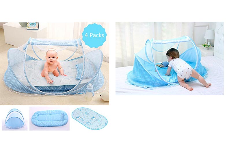 Baby Travel Bed, Portable Folding Baby Crib Mosquito Net Tent Foldable Baby Cots Newborn Foldable Crib for 12-24 Month (Blue Tent+Mat)