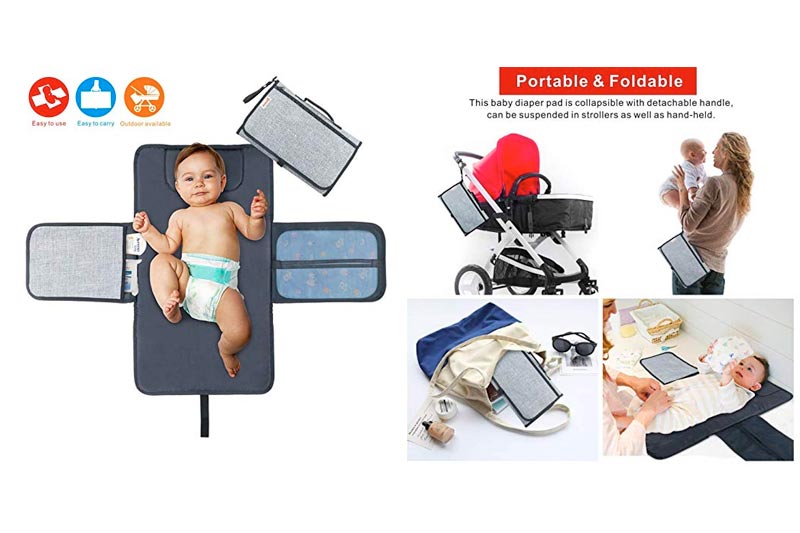 Diaper Changing Pad Baby Portable Changing Station Diaper Change Mat with Head Cushion Lightweight Travel Home Diaper Changer Mat with Pockets - Waterproof and Foldable by Idefair (TM)