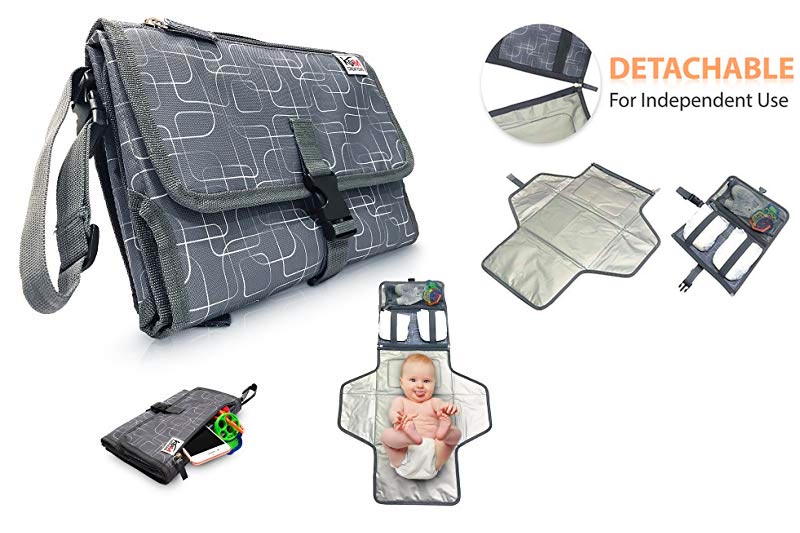 Portable Diaper Changing Pad for Baby to Toddler - Waterproof Cushioned Mat and Built in Head Pillow, 3 Pockets - Wipeable - Lightweight On the Go Diapering Solution - Stylish Unique Design - Grey