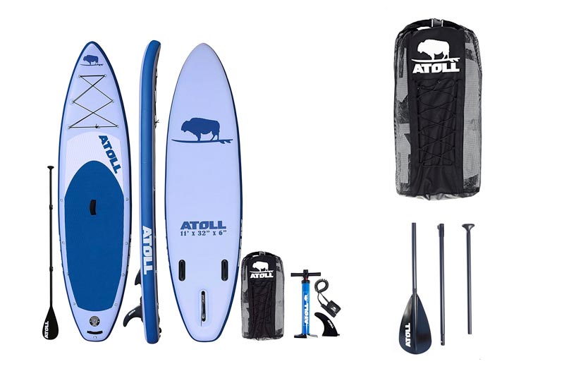 Atoll 11' Foot Inflatable Stand Up Paddle Board (6 Inches Thick, 32 inches wide) ISUP, Bravo Hand Pump and 3 Piece Paddle, Travel Backpack and Accessories New Paddle Leash Included