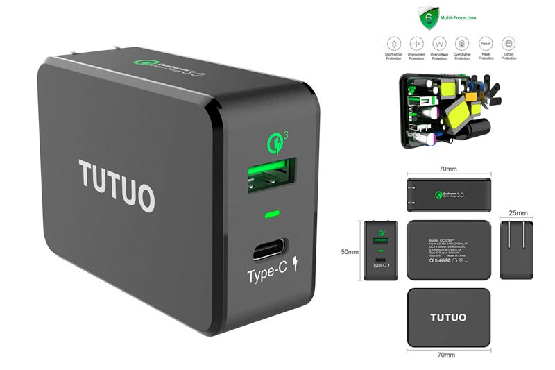 TUTUO USB Type C + Quick Charge 3.0 Wall Charger 33W Dual Ports Travel USB AC Power Adapter for iPhone X 8 Plus, Galaxy S8 S7, Huawei Mate 10, Nintendo Switch, Oneplus 5T, Google Pixel XL 2, LG G6