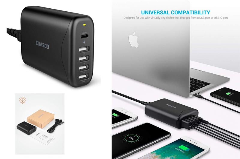 USB C Charger, USB PD Charger, EUASOO Power Delivery 3.0 60W Multi USB 5 Ports Wall Charger Station One Type C Port for iPhone X/8/8 Plus, iPad, MacBook, Samsung Galaxy S8/S8 Plus/Note 8 & More