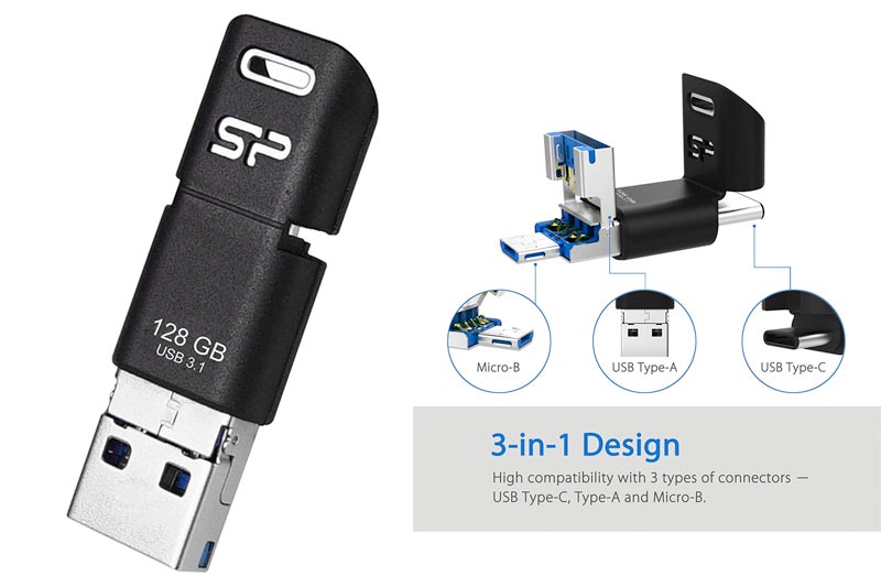 Silicon Power 128GB 3 IN 1 USB Type-C, Micro B and Type-A USB 3.1 Gen1 Flash Drive for PCs & Macs, and Micro-B Smartphones or Tablets (SP128GBUC3C50V1K)